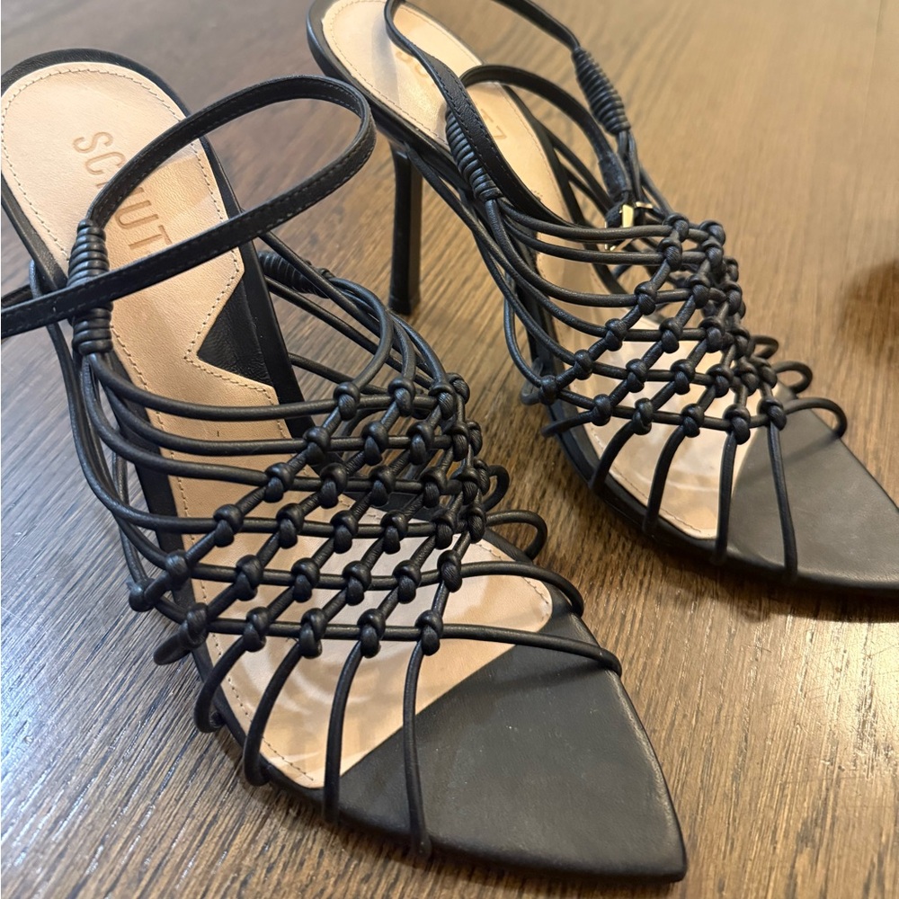 Schultz Tinah black leather stretch high heel strappy sandals.  Size 8.5